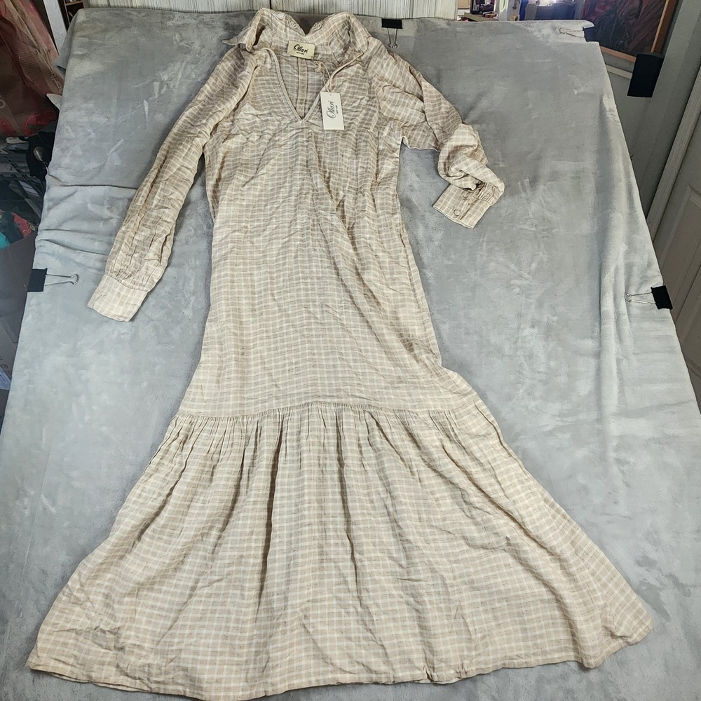 Ollari NY Kenny Maxi Dress S Anthropologie Beige Plaid Cotton Tiered Peasant